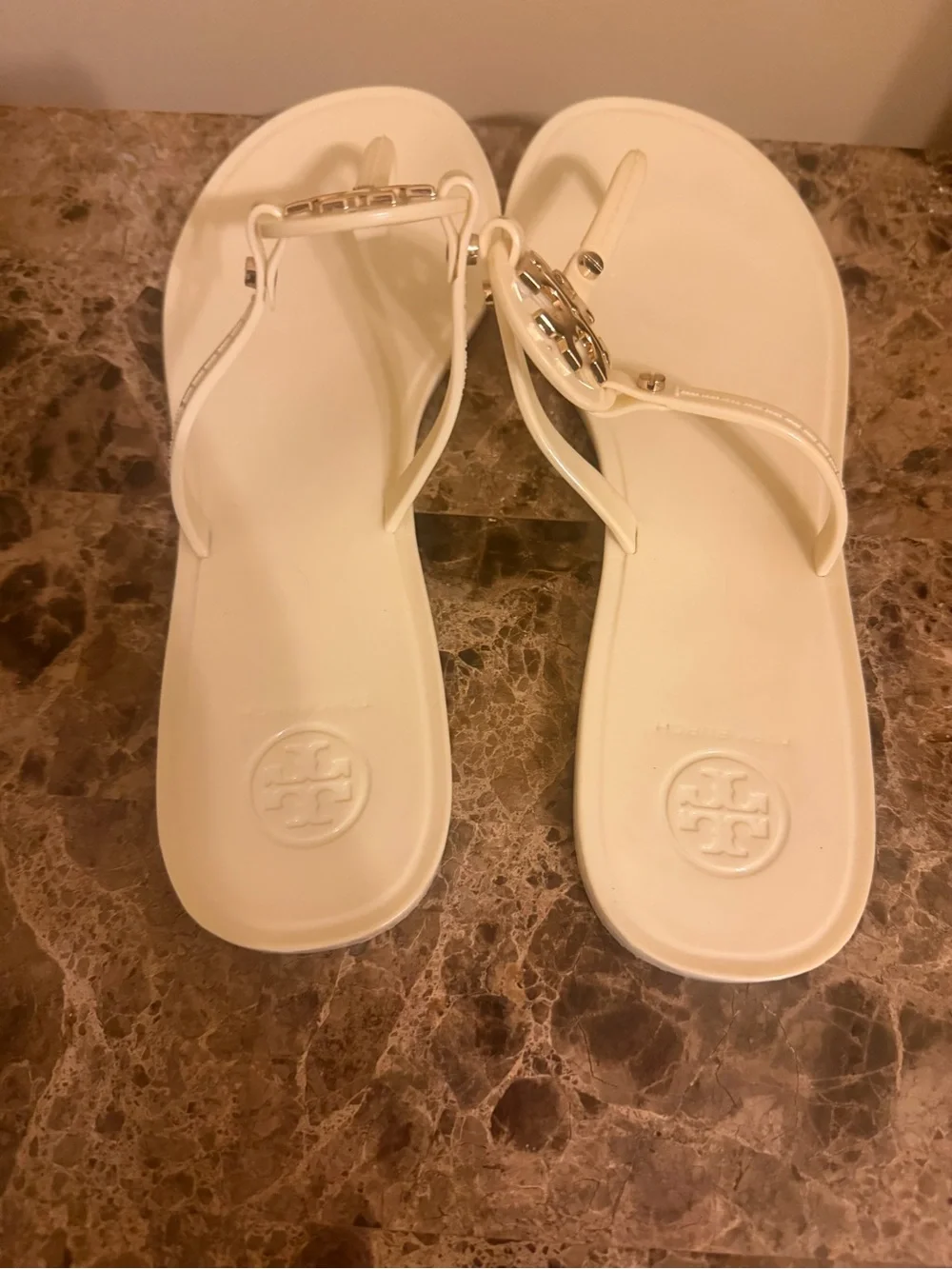 Tory Burch Cream Miller Metal-Logo Thong Sandals